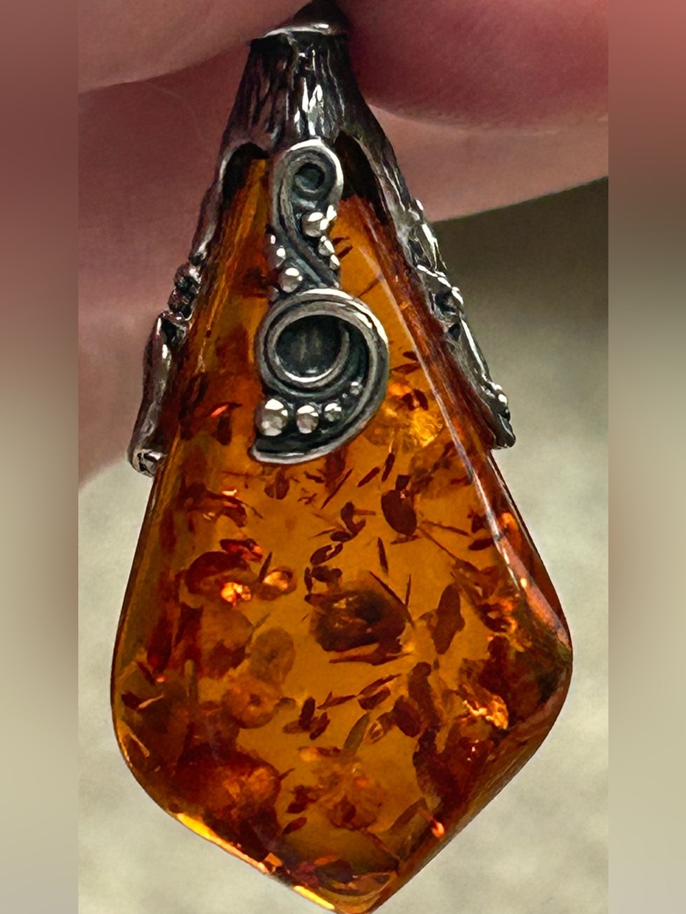 Vintage Silver Amber Pendant With 12” Silver Necklace 925